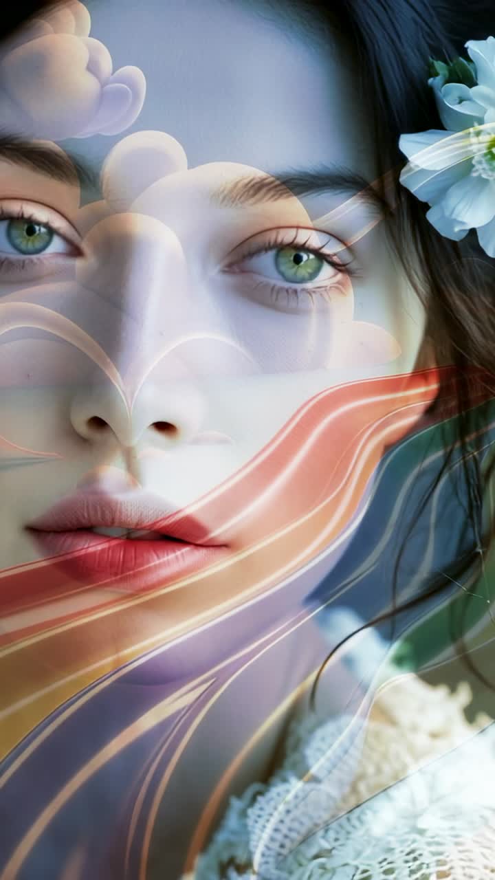 Vertical video: Appearing portrait woman animating overlays, fading revealing lace top and flower