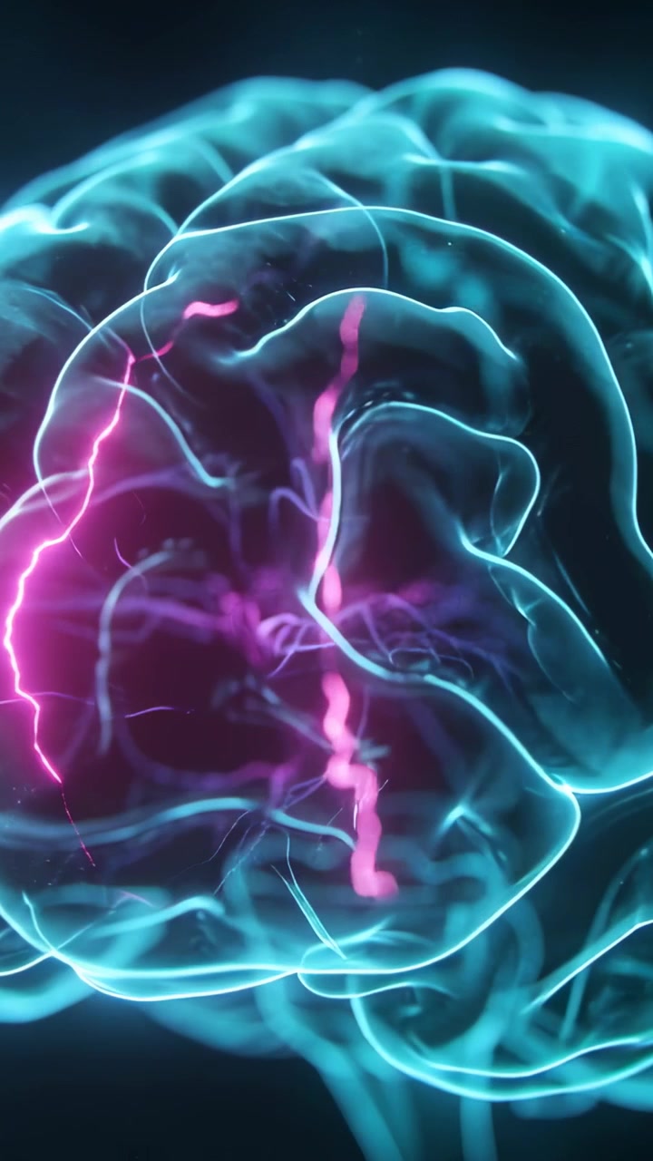 Vertical video: Pulsing magenta filament driving brain rotating in void, illustrating signaling