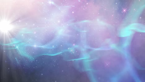 Animation-of-glowing-stars-on-blue,-pink-and-purple-light-trails-in-universe