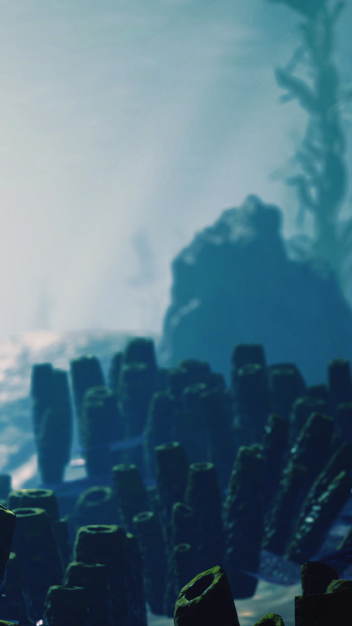 Underwater scene with coral formations and sunlight filtering through water