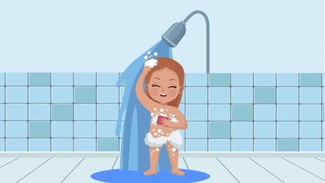 una niña tomando un baño de animación