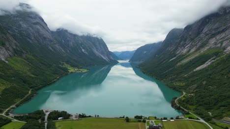 jolstravatn lake in sunnfjord, vestland, norway - aerial circling