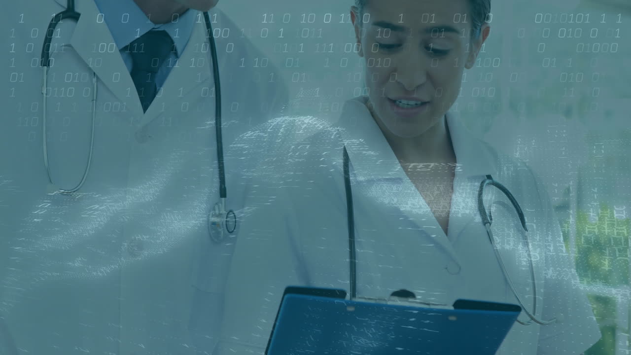 Male doctor and female doctor reviewing data on clipboard, overlaying binary code and digital wave