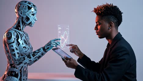 interaction between a human and a robotic figure during a technology demonstration in a modern setting