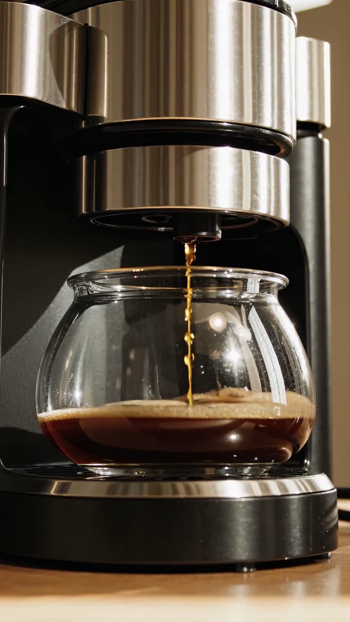 Close-up video shot of a modern coffee maker brewing, capturing the rich, dark coffee pouring