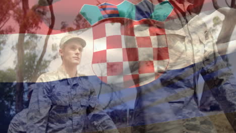 animation of flag of croatia over diverse soldiers