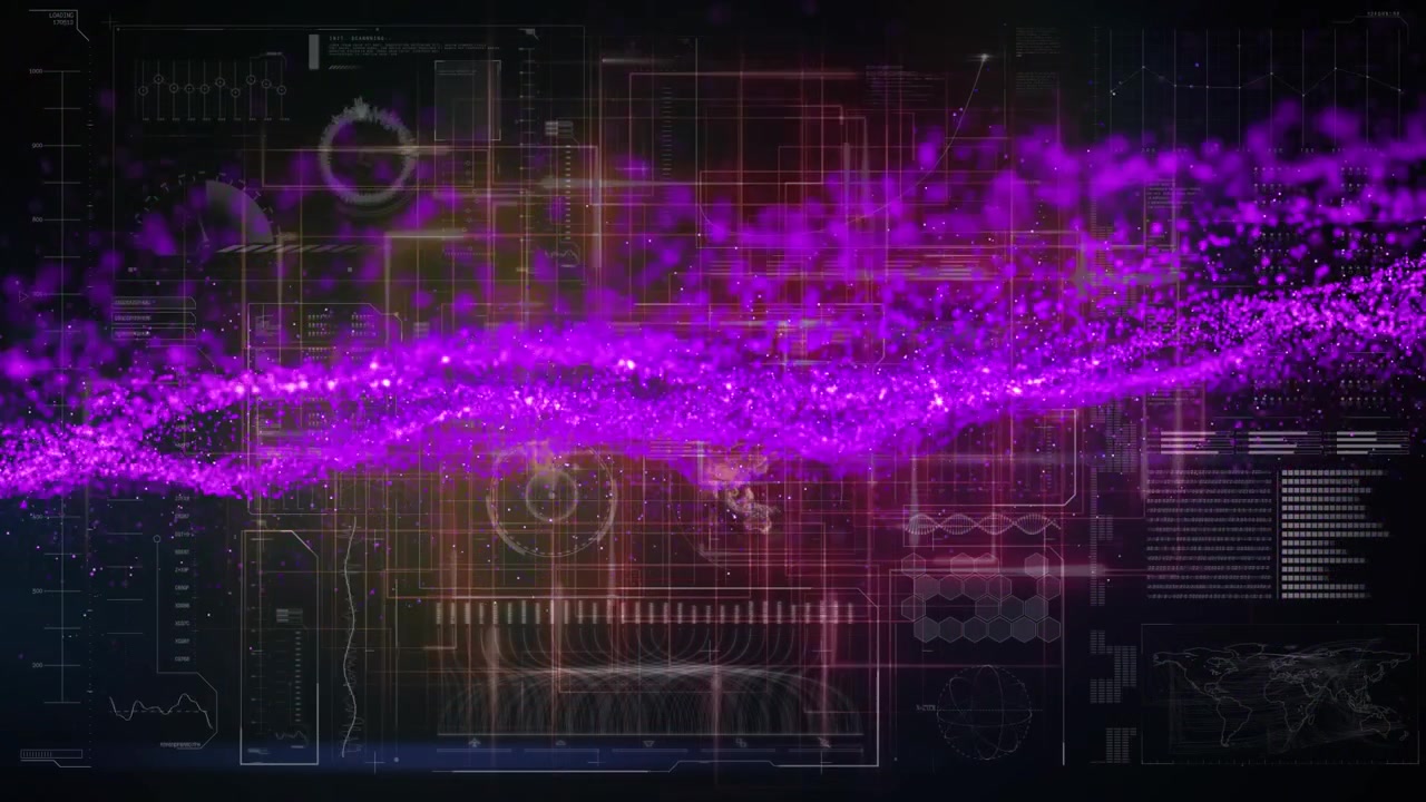 Animation of light spots over data processing on black background