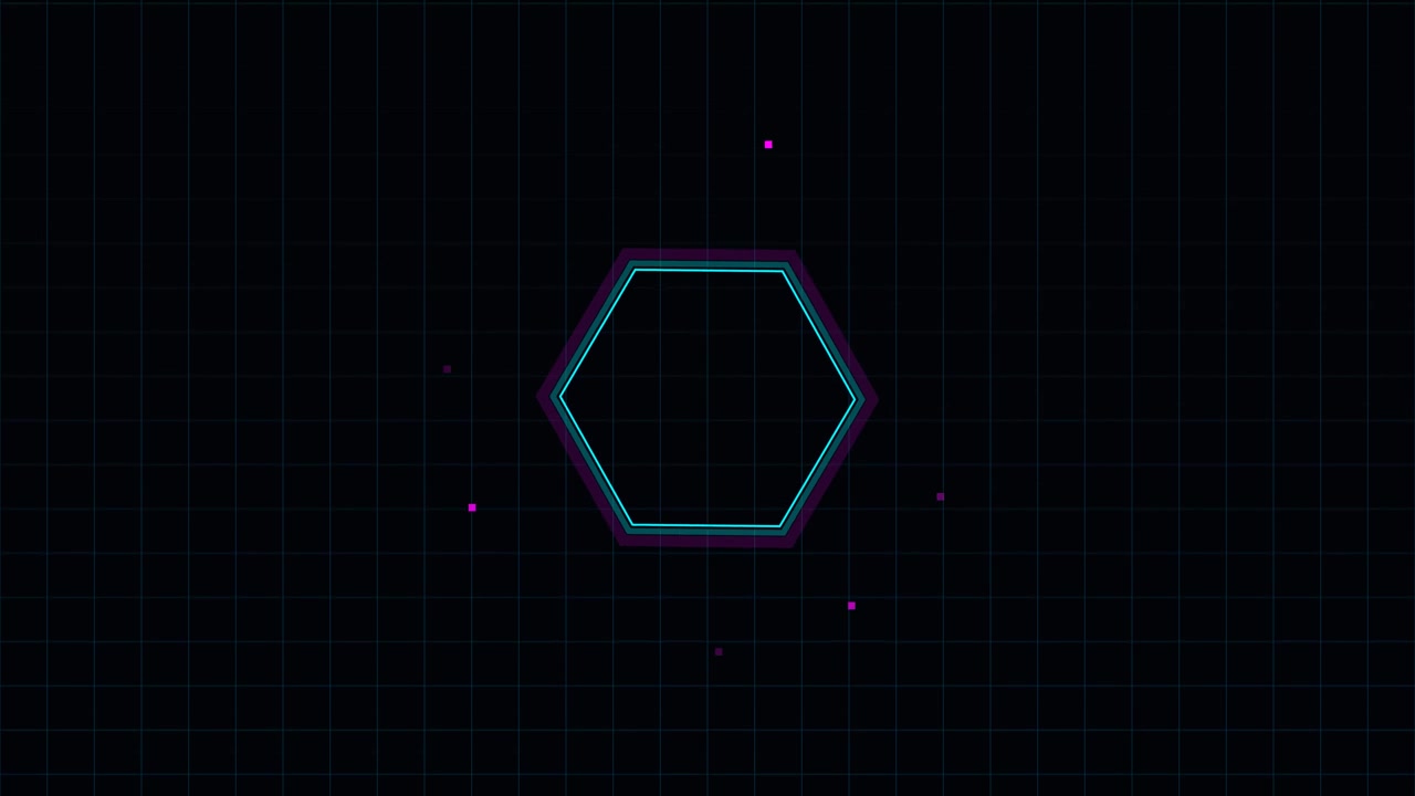 Animated Neon Hexagon Frame with Floating Particles on Grid Background