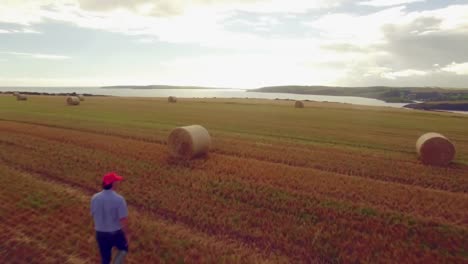drone footage of farmer working