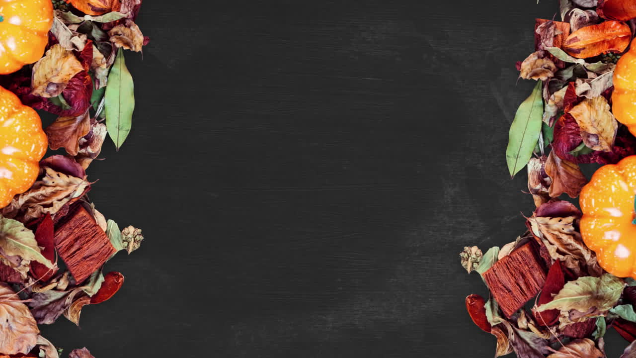 animación de la decoración de halloween de hojas y calabazas sobre fondo negro