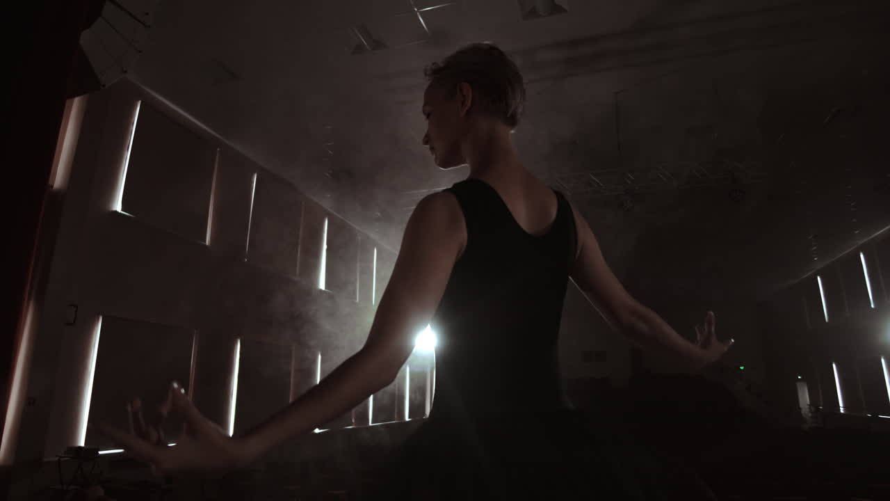 Elegant ballet dancer in black tutu in studio with smoke. And backlit