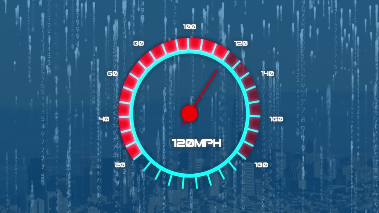 animación del velocímetro y la codificación binaria contra la vista aérea del paisaje urbano.