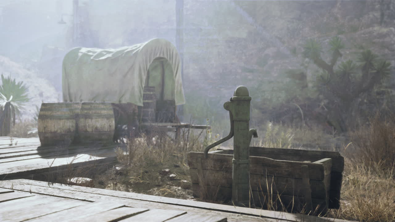 마차와 물 프와 함께 오래된 서쪽 사막 캠프 장면