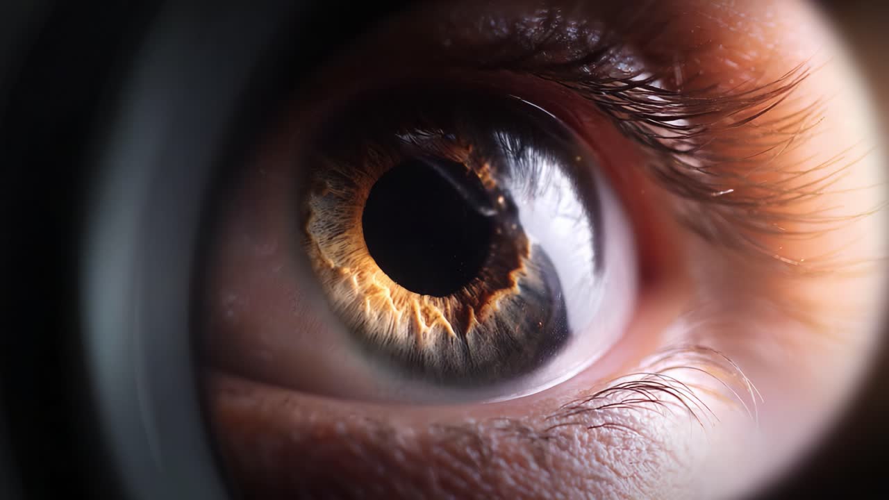Primo piano di un occhio che cattura dettagli complessi in diverse condizioni di illuminazione, rivelando motivi e colori spettacolari nell'iride e nella cornea