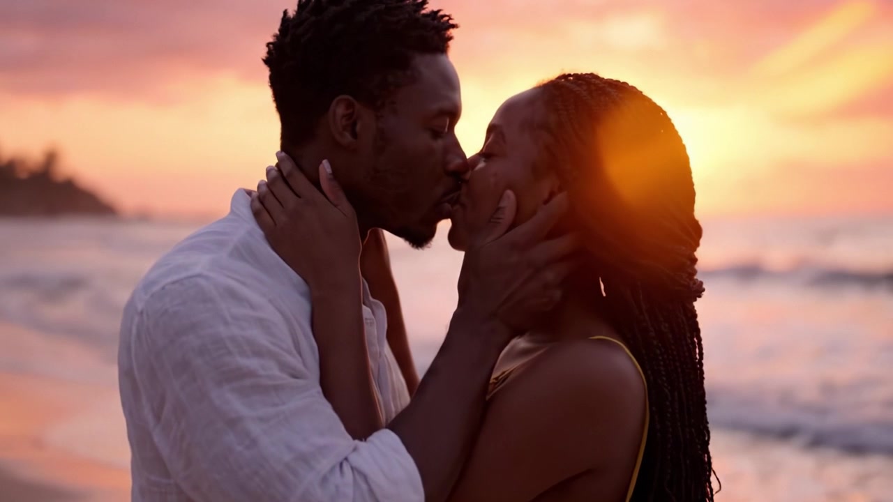 A Romantic Sunset Embrace: Capturing a Couple's Affection on the Beach Amidst Breathtaking Tones of Pink and Orange Sky