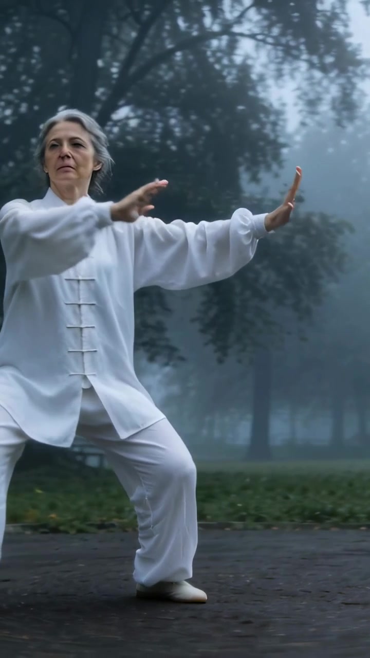 Video verticale: Donna che pratica tai chi, in uniforme bianca, con passi che si muovono su un sentiero del parco in una mattina nebbiosa.