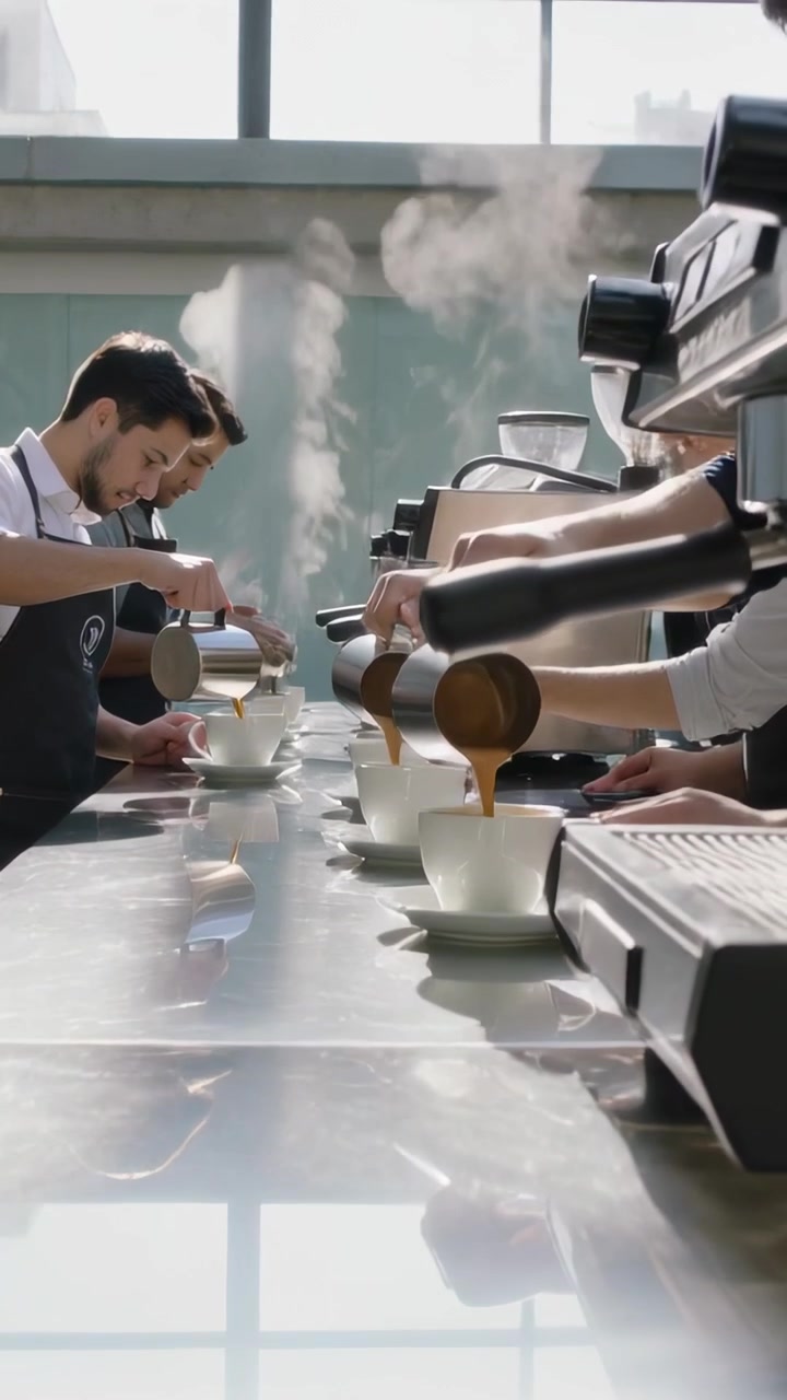 Vídeo vertical: Pedidos chegando, baristas de avental vaporizando e servindo bebidas em xícaras no balcão.
