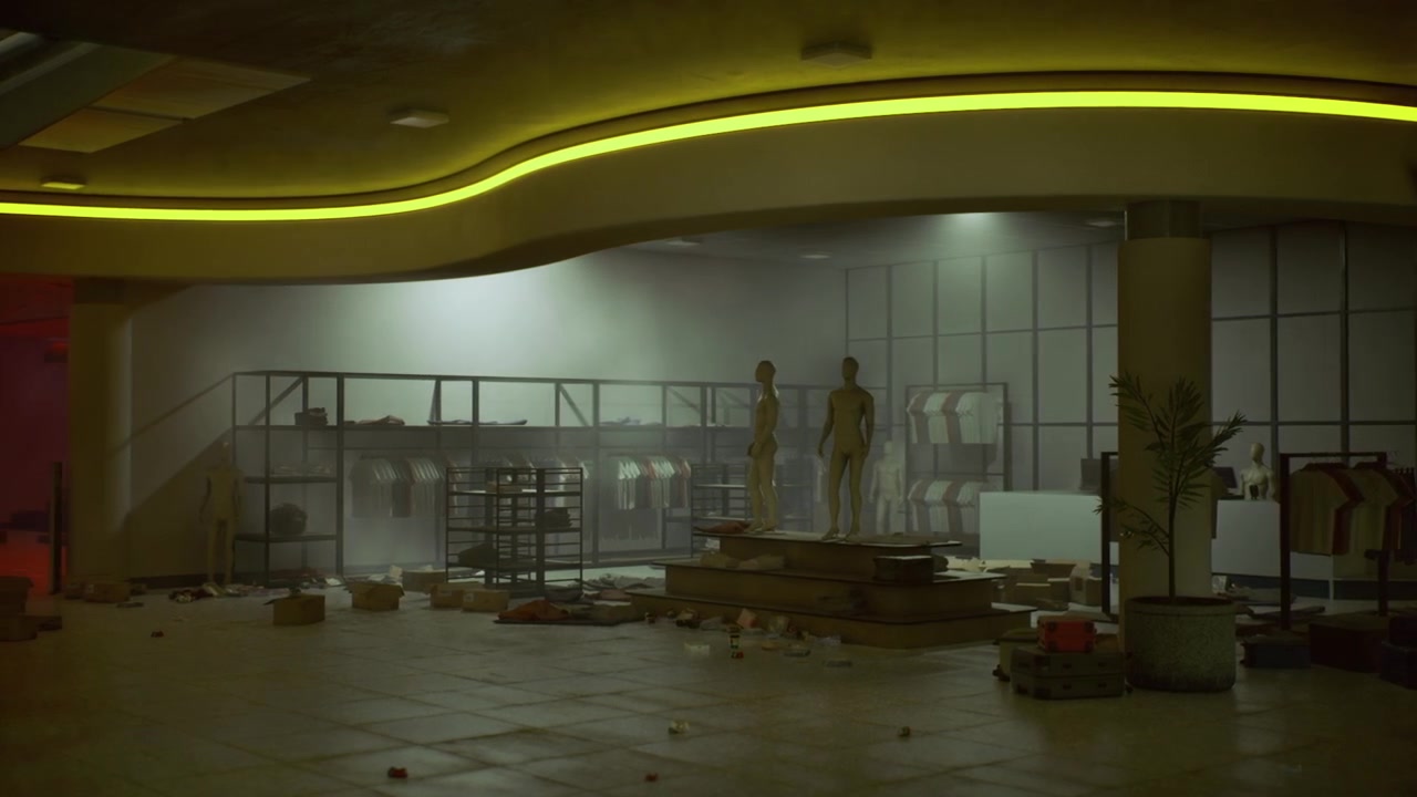 Kunstnerisk skildring af forladte mannequiner under hård belysning på en scene.