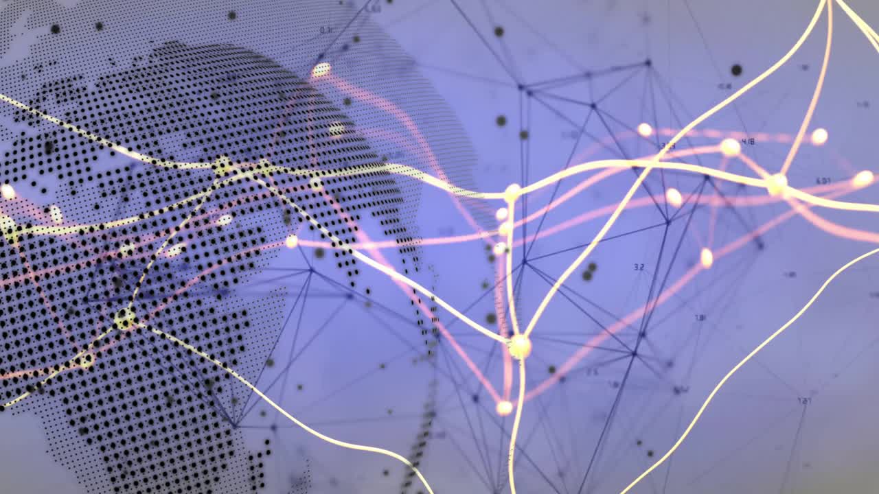 On rotation start dotted globe displaying glowing trails linking nodes visualizing global data flow