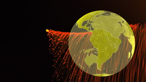Animation of rotating globe and fireworks on black background