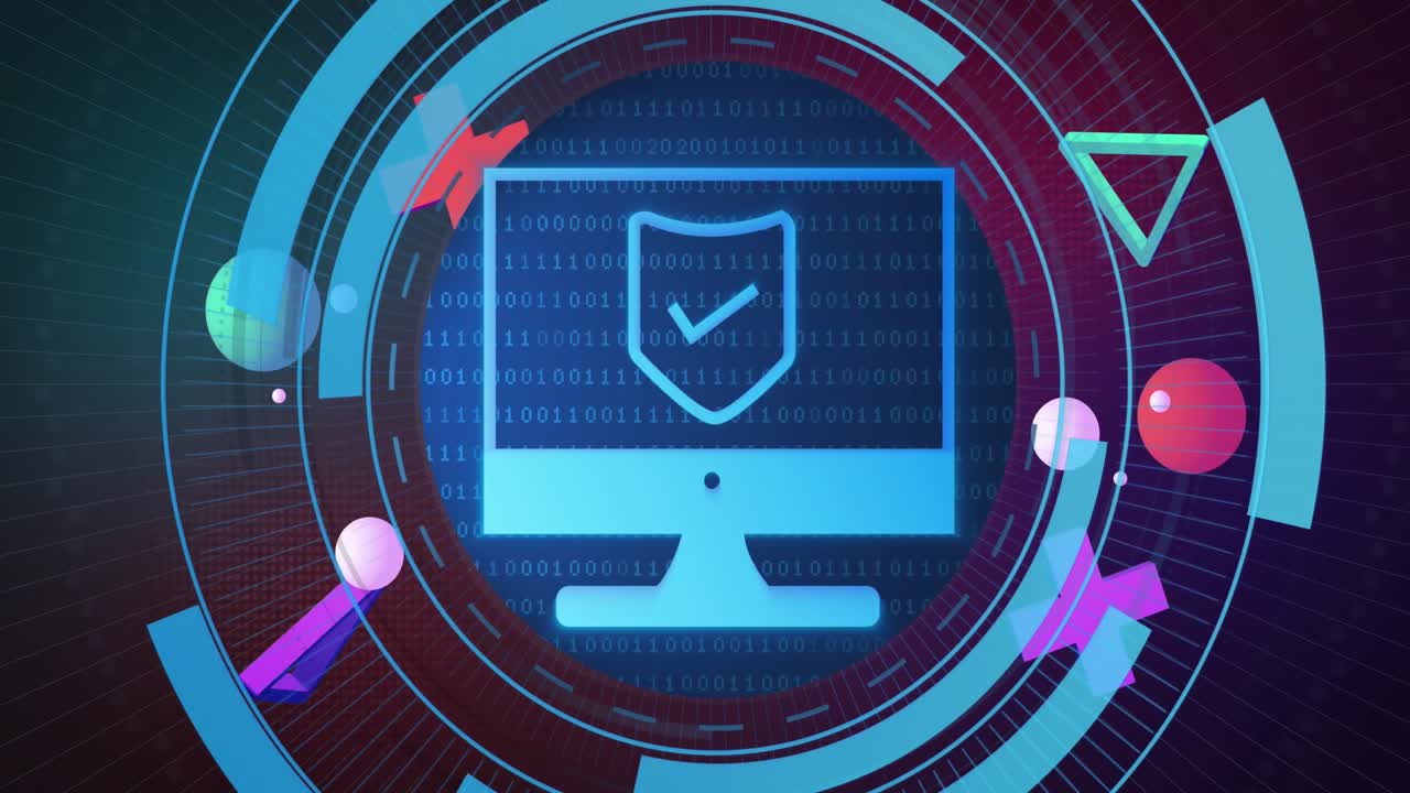 방패와 떠다니는 3d 모양으로 컴퓨터 화면 위에 파란 범위의 애니메이션