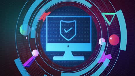 animación de alcance azul sobre pantalla de computadora con escudo y formas 3d flotantes