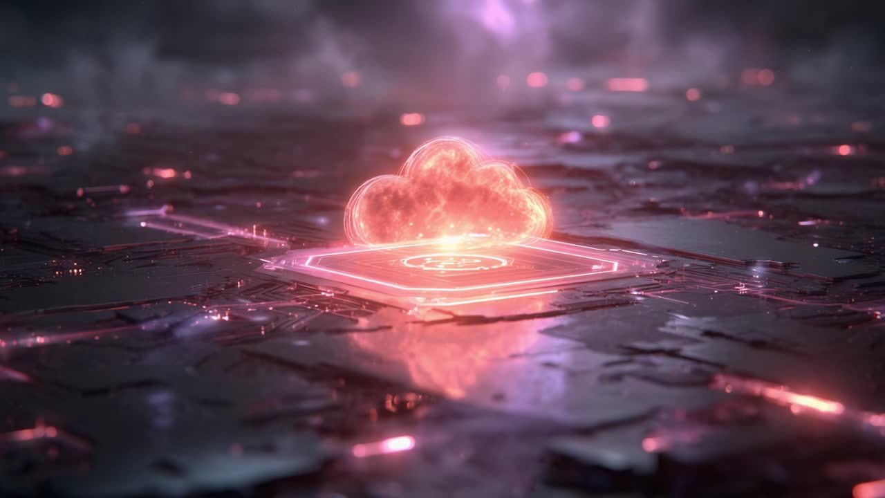 A Futuristic Scene Featuring an Illuminated Cloud Structure Emitting Radiant Effects Against a Dark, Abstract Landscape with Metallic Textures and Ethereal Lighting