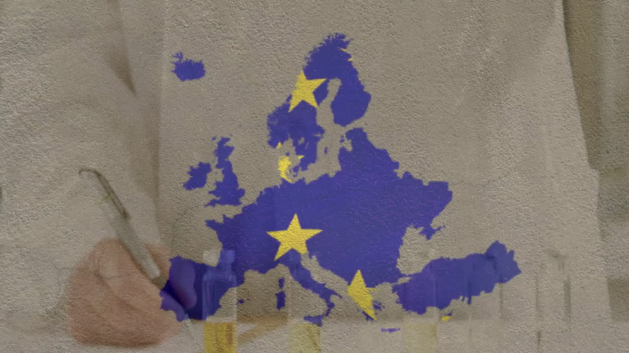 In school, person writing on paper with animation of Europe map and EU flag