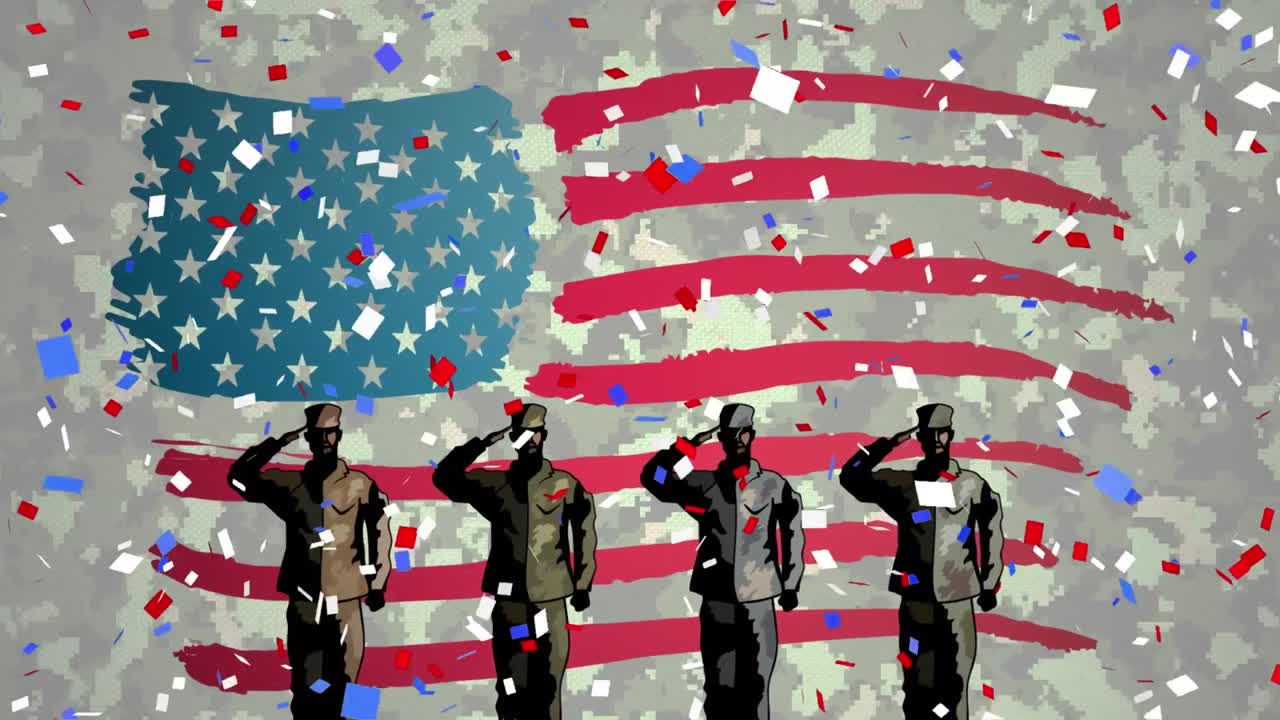 콘페티가 미국  ⁇ 발에 맞서 4명의 군인을  ⁇ 고 떨어집니다.