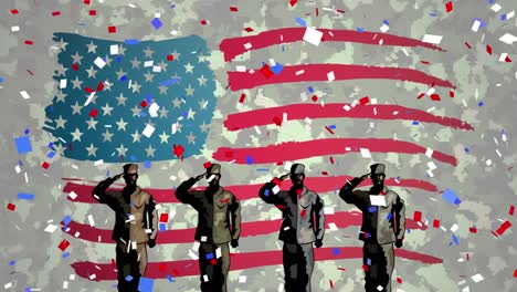 confetti falling over four soldiers figures against american flag