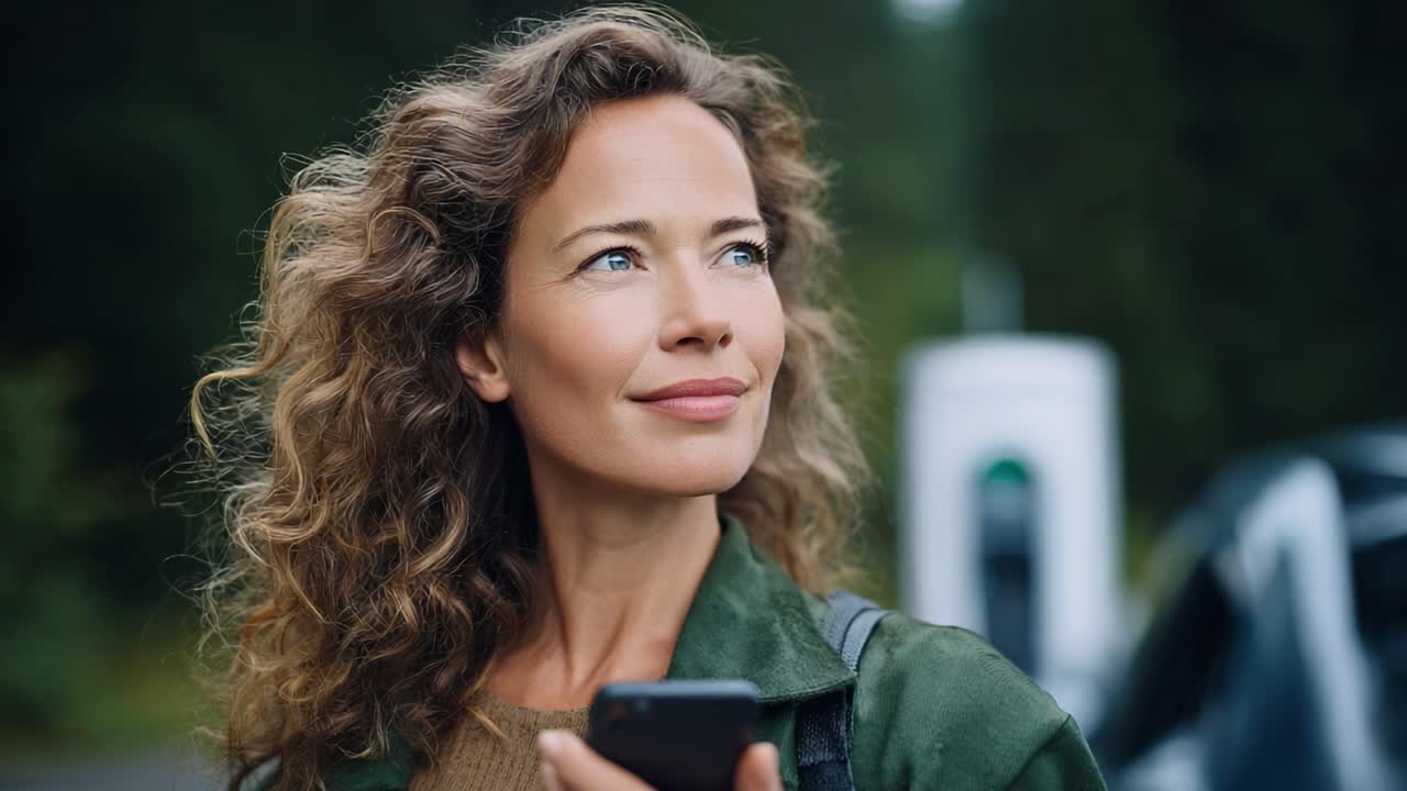 Eine nachdenkliche Frau mit lockigem Haar blickt in die Ferne, während sie ein Smartphone hält, und strahlt Positivität und Entschlossenheit in einer ruhigen Naturkulisse aus.