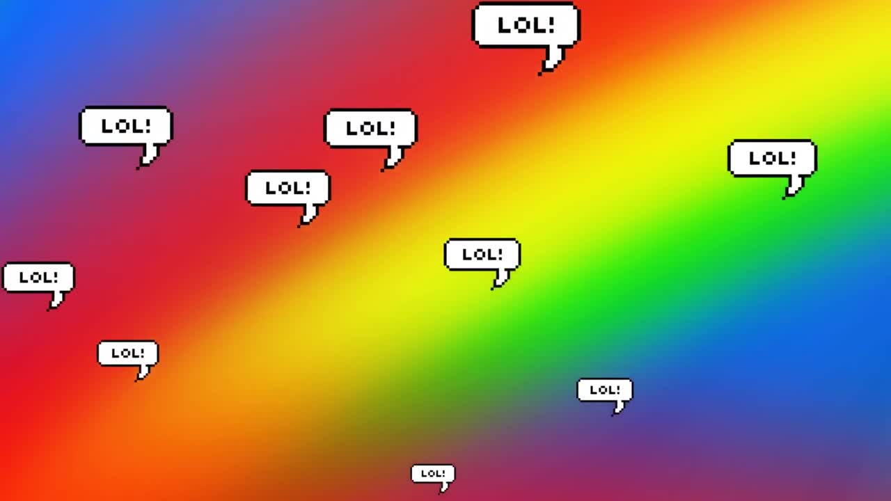 Multiple speech bubbles with the text 'lol' floating against a rainbow background