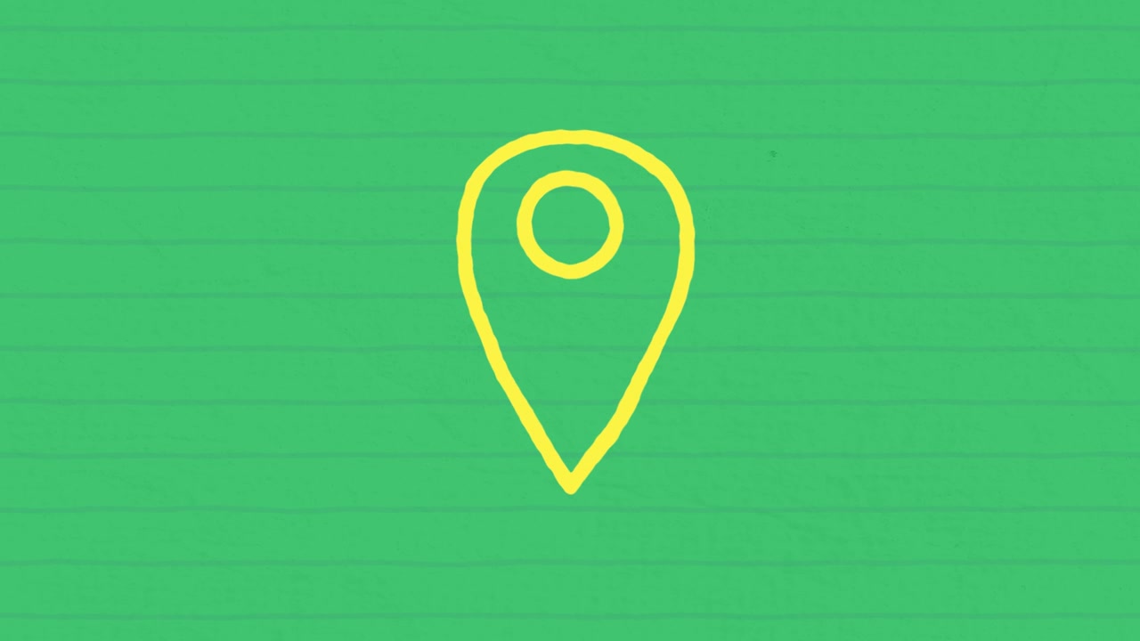 Hand entering right, drawing yellow map pin on notebook, marking spot on transparent background