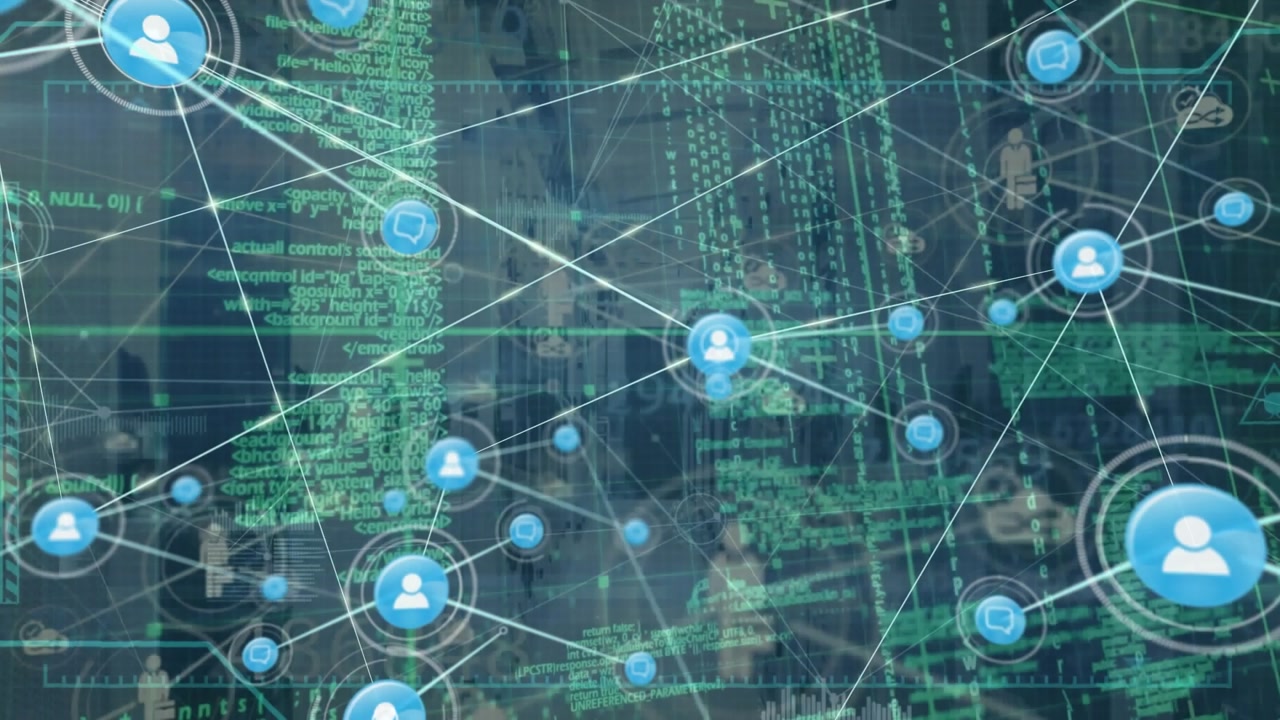 Animation of network of connections with icons over grid