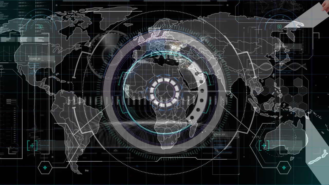 검은색 배경에 데이터 처리를 통해 스 스캔과 세계 지도의 애니메이션