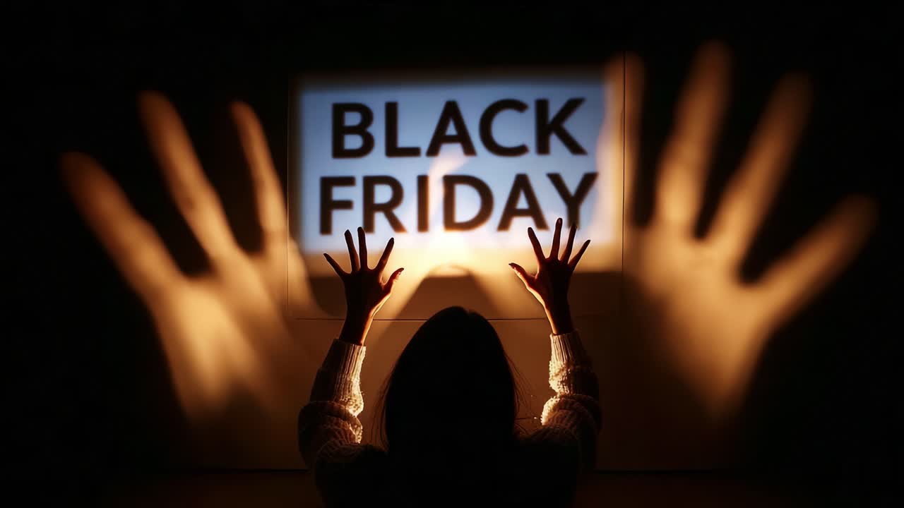 A silhouette of a person with raised hands against a illuminated background displaying the words 'Black Friday,' evoking themes of consumerism and shopping frenzy during holiday sales