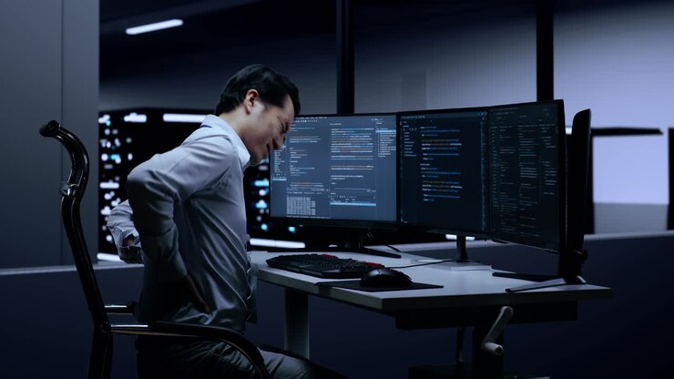 Tired Programmer with Back Pain in Server Room