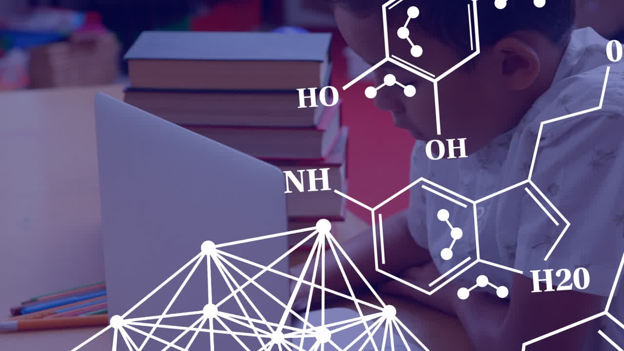 학교에서 교실에서 노트북을 사용하는 히스패닉 소년에 대한 화학 구조