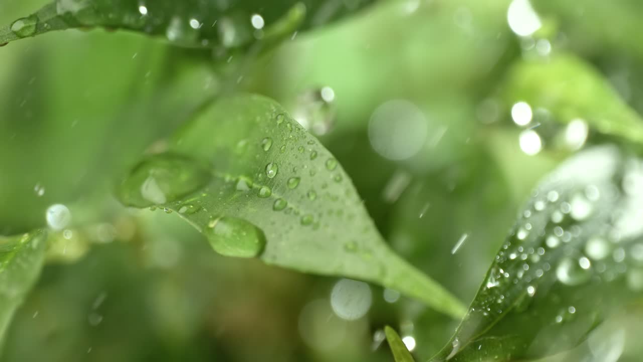 슈퍼 슬로우 모션으로  ⁇ 방울의 클로즈업.  ⁇ 방울이 식물의 초록색 잎에 떨어집니다.