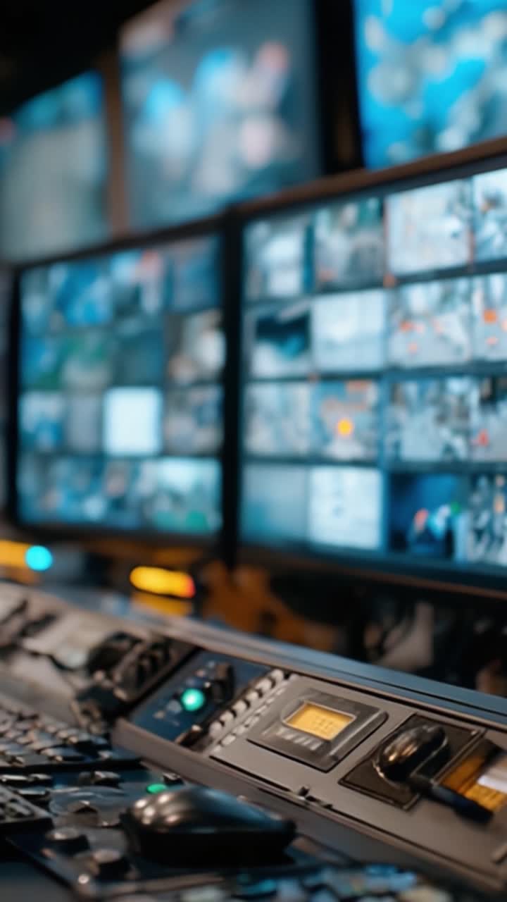 Ruang Kontrol Berteknologi Tinggi dengan Banyak Monitor yang Menampilkan Umpan Pengawasan Langsung dan Antarmuka Kontrol Canggih untuk Memantau Aktivitas