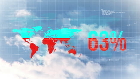 animación del mapa del mundo con un porcentaje creciente y procesamiento de datos contra las nubes en el cielo