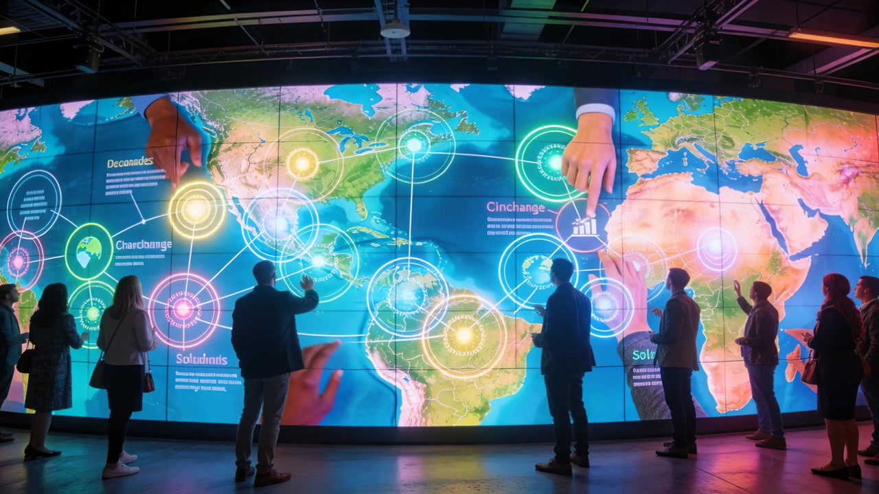 Responding to glowing touch targets, group of staff in suits exploring interactive map at exhibit