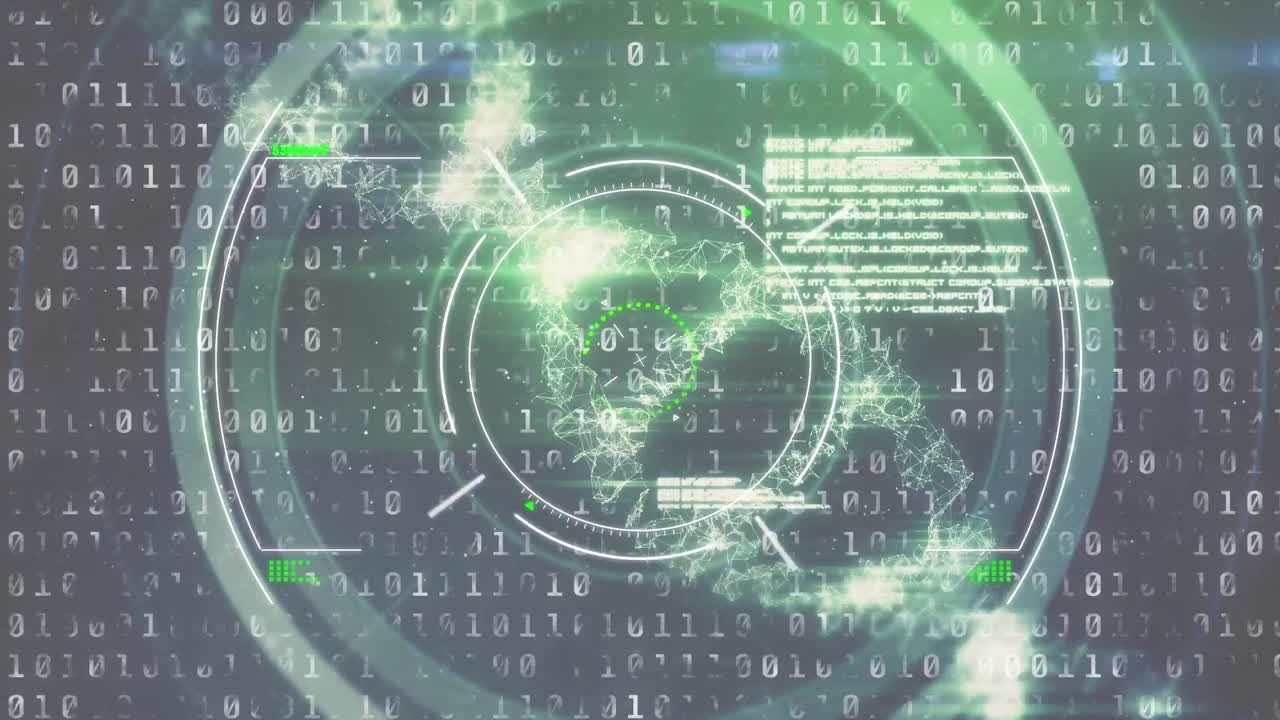 Animation of scope scanning, binary coding and data processing over black background