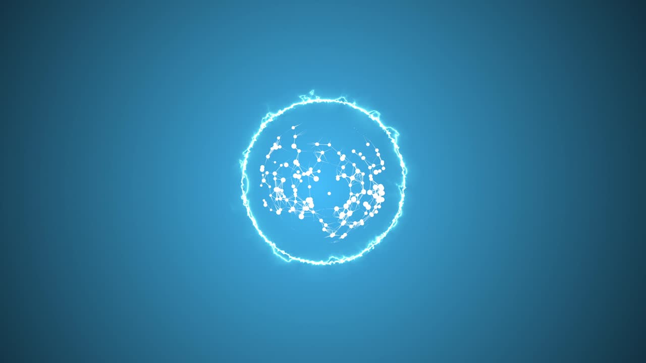 Abstract human cell or embryo with membrane looking as lightning circle rotating on blue background.