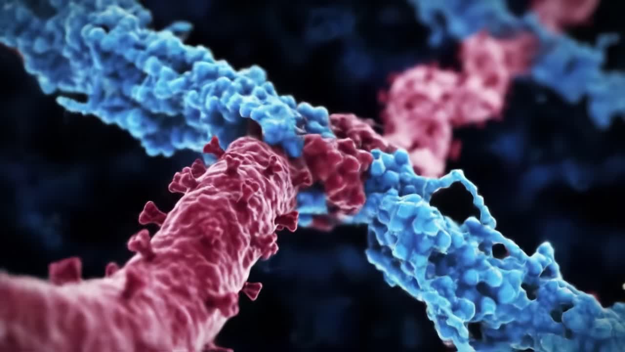 Watch as cells interact in a dynamic environment showcasing molecular processes. This captivating display highlights the complexity of life at the cellular level with vivid colors.