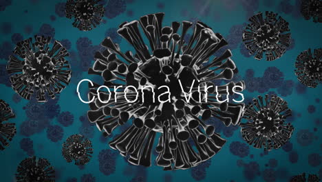 animation of a word corona virus over cells floating on blue background