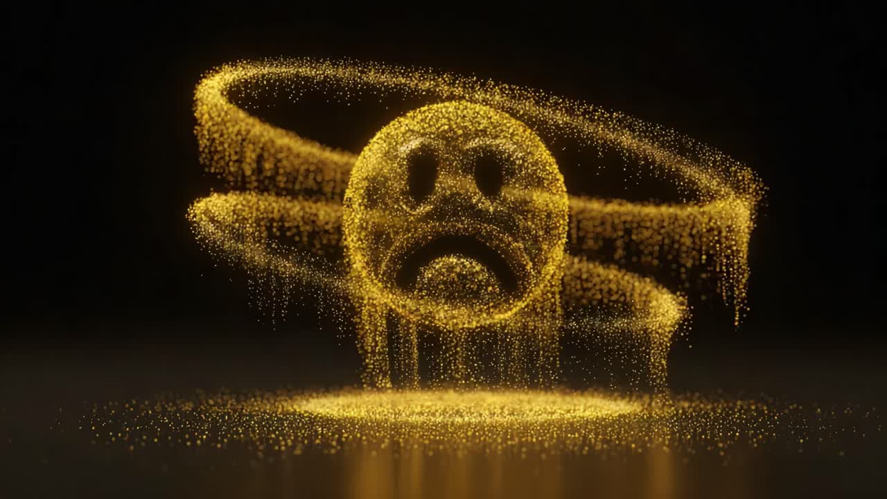 A mesmerizing depiction of a yellow, holographic sad face, surrounded by swirling particles, capturing feelings of melancholy and emotion through digital art and visual effects