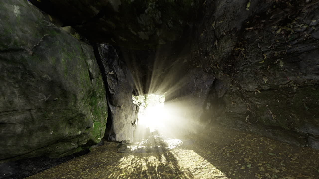 Luce naturale che illumina un tunnel roccioso in un'area boschiva durante il giorno