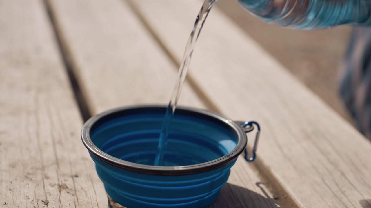 L'acqua viene versata in una ciotola pieghevole blu su assi di legno. Una bottiglia di plastica riempie il contenitore flessibile creando increspature e aumentandone il volume. La scena presenta luce naturale con ombre.