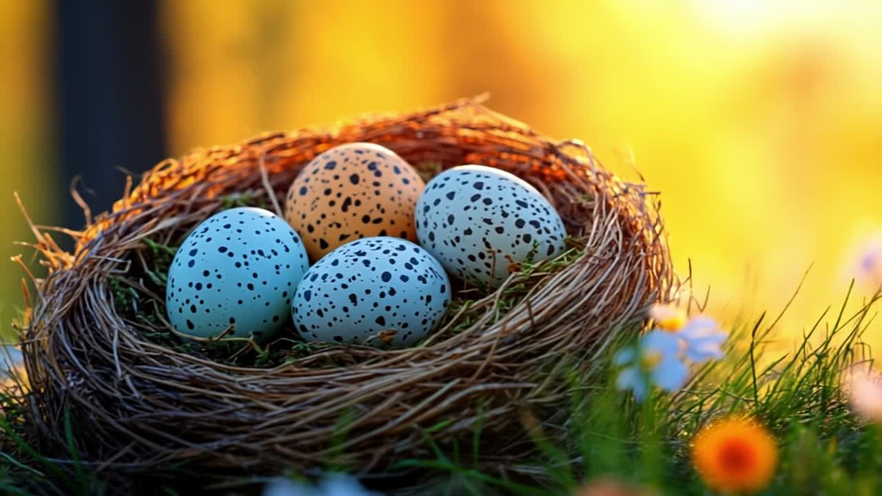 Nest with speckled eggs. A cozy nest contains four speckled eggs surrounded by green grass and flowers during a serene sunset.